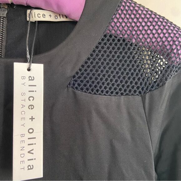 Alice + Olivia Kaine Mesh Insert Asymmetrical Hem Midi Dress Black Size 2 - Picture 4 of 16